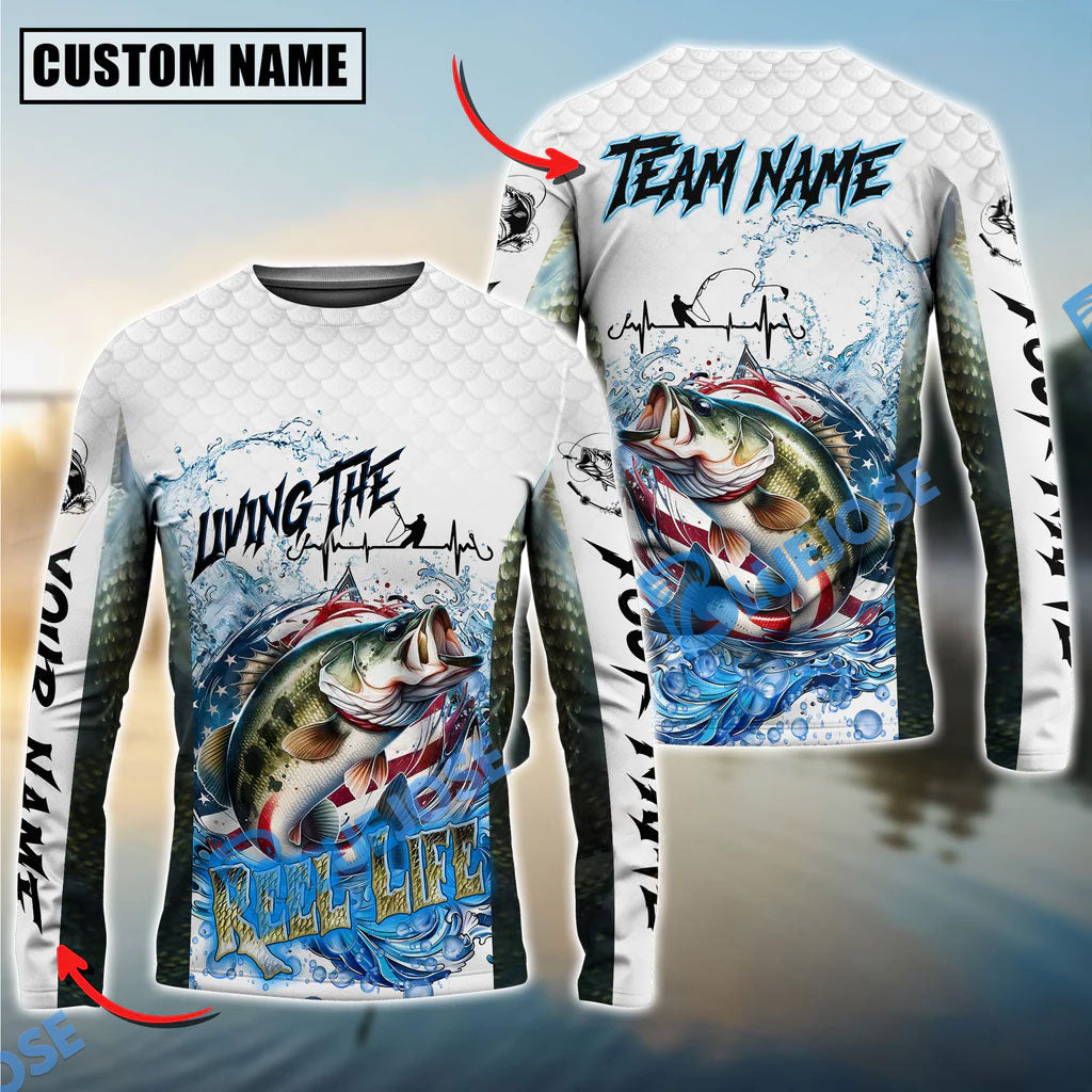 Bluejose Bass Fishing Patriotic Reel Life Design Custom Name &amp; Team Name 3D Shirts