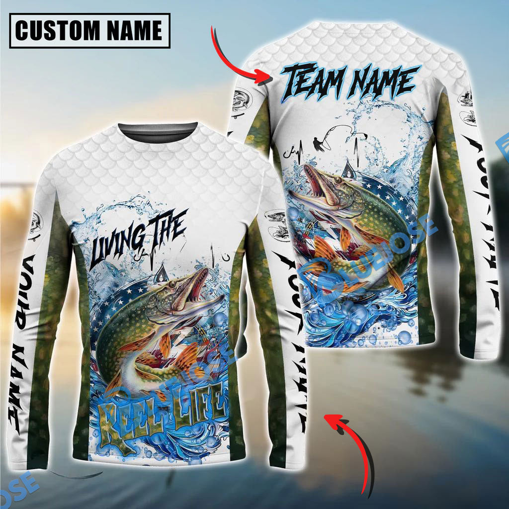 Bluejose Pike Fishing Patriotic Reel Life Design Custom Name &amp; Team Name 3D Shirts