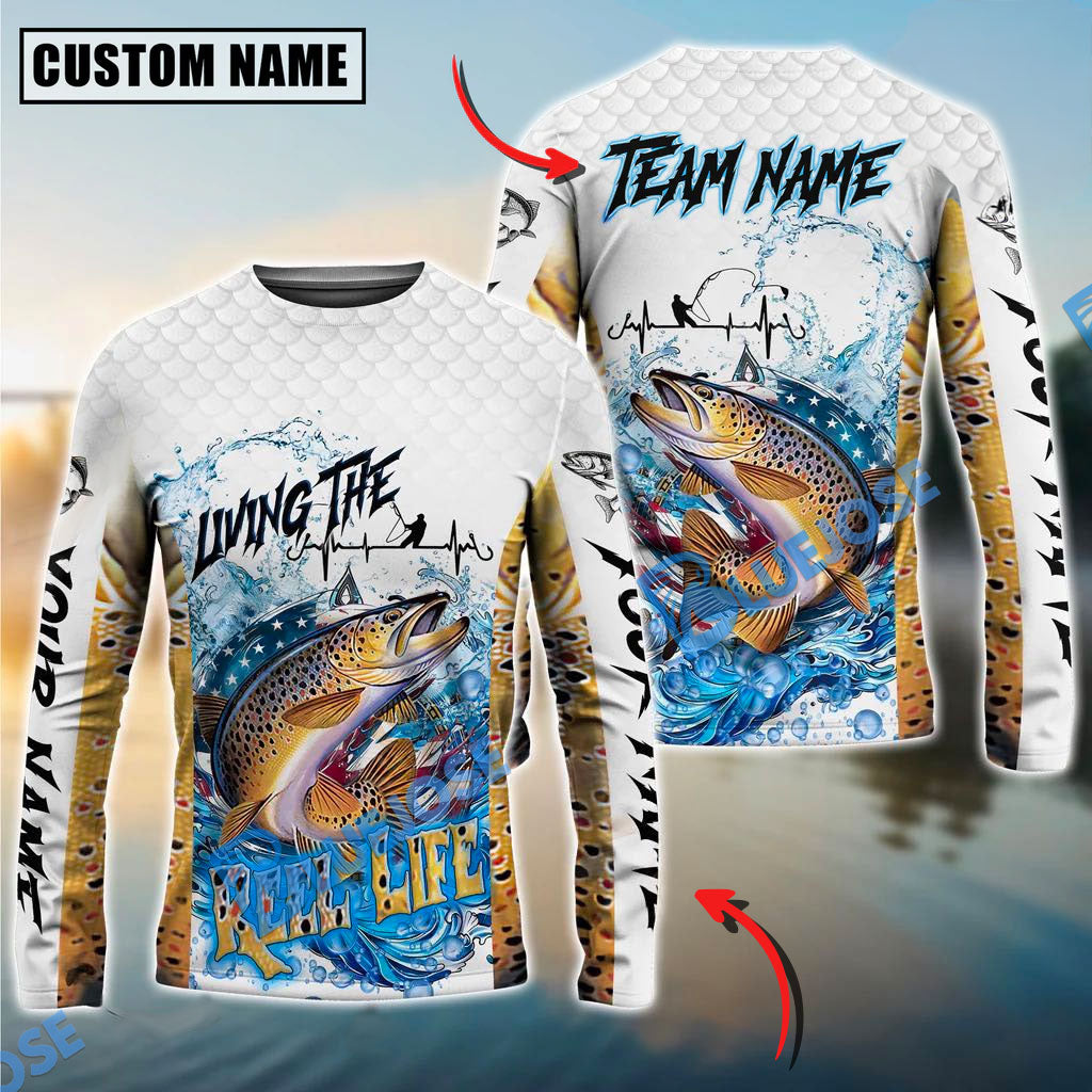 Bluejose Trout Fishing Patriotic Reel Life Design Custom Name &amp; Team Name 3D Shirts