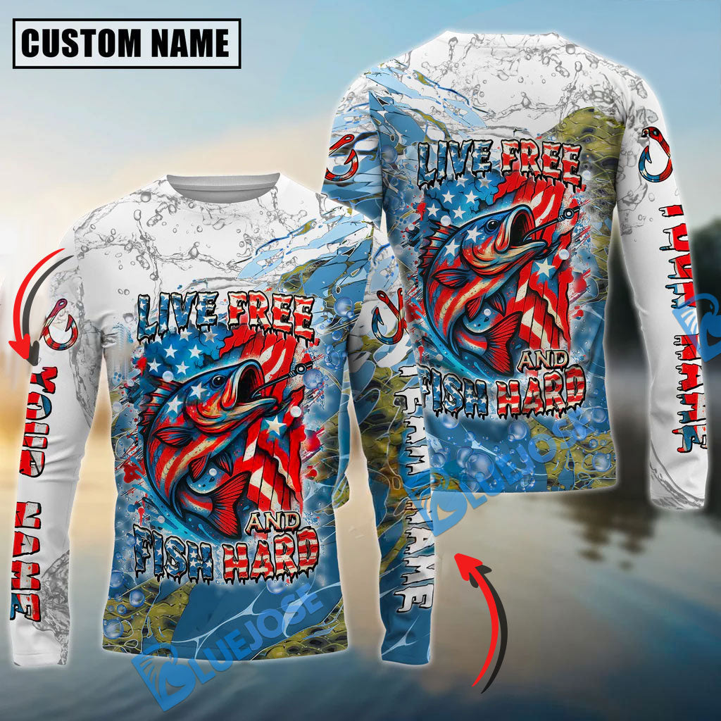 Bluejose Bass Fishing Live Free Fish Hard Custom Name &amp; Team Name 3D Shirts