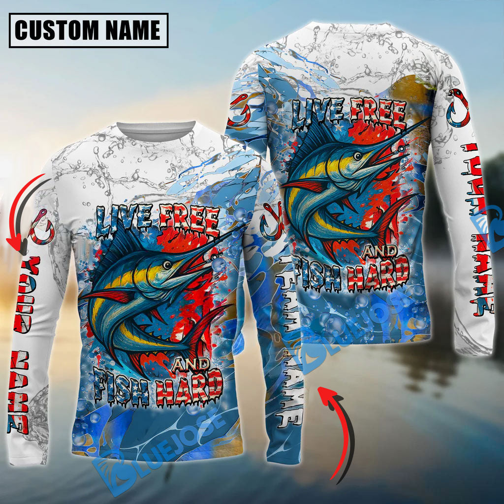 Bluejose Marlin Fishing Live Free Fish Hard Custom Name &amp; Team Name 3D Shirts