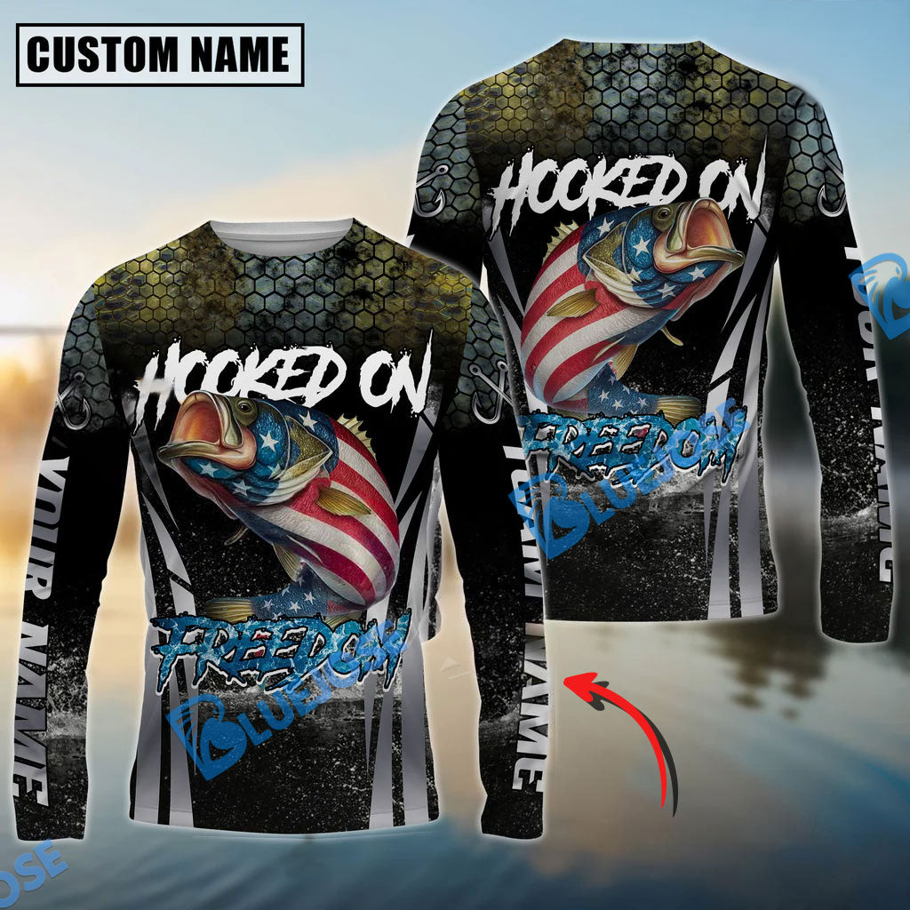 Bluejose Bass Fishing Patriotic American Flag Skin Design Custom Name &amp; Team Name 3D Shirts
