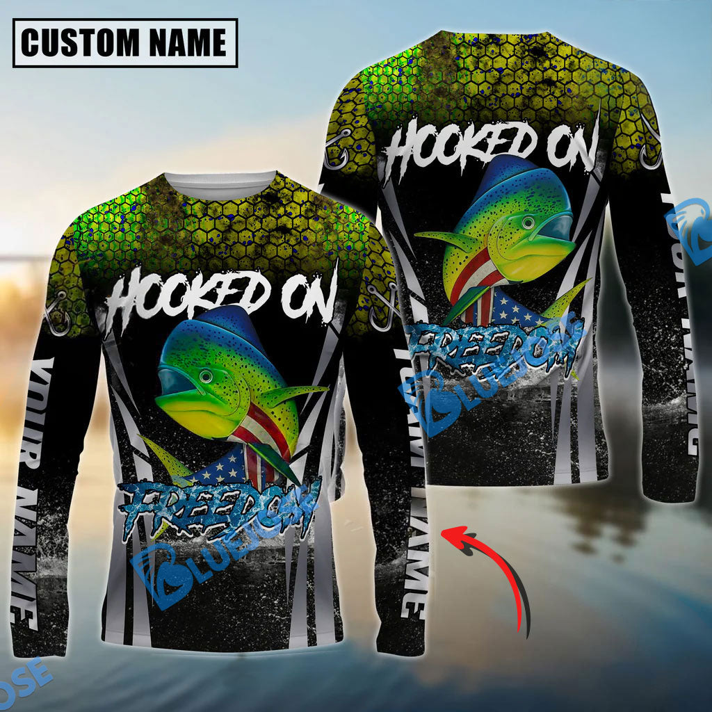Bluejose Mahi-Mahi Fishing Patriotic American Flag Skin Design Custom Name &amp; Team Name 3D Shirts