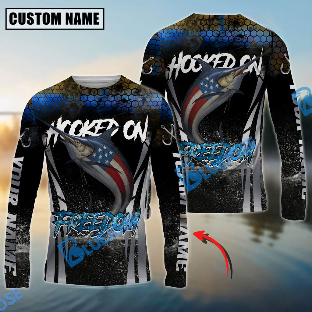 Bluejose Marlin Fishing Patriotic American Flag Skin Design Custom Name &amp; Team Name 3D Shirts