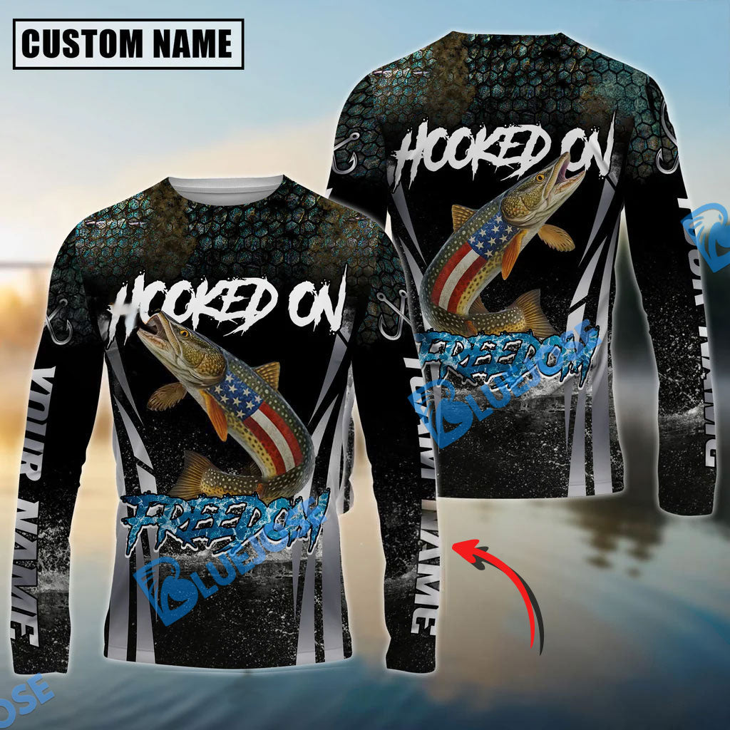 Bluejose Pike Fishing Patriotic American Flag Skin Design Custom Name &amp; Team Name 3D Shirts