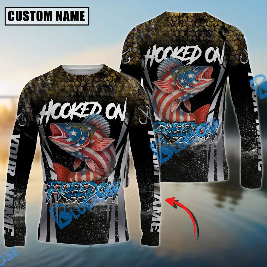 Bluejose Walleye Fishing Patriotic American Flag Skin Design Custom Name &amp; Team Name 3D Shirts