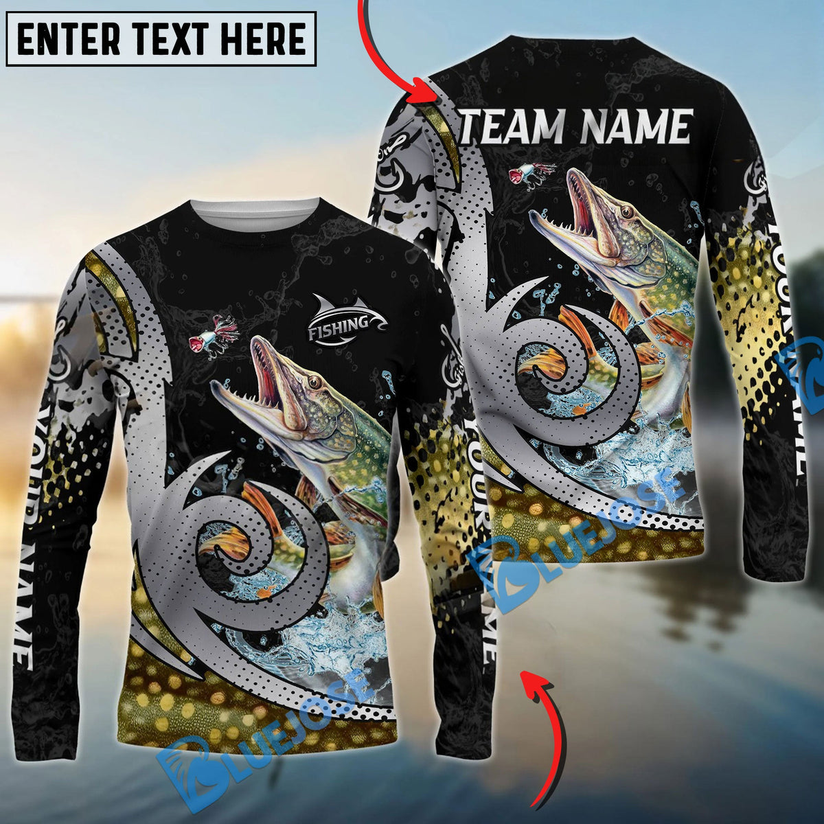 Bluejose Pike Fishing Bold Skin Modern Graphic Custom Name &amp; Team Name 3D Shirts
