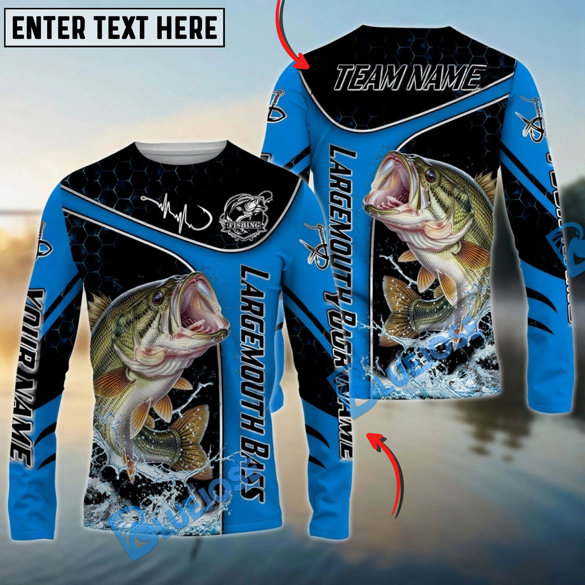 Bluejose Bass Fishing Blue Dynamic Water Splash Custom Name &amp; Team Name 3D Shirts