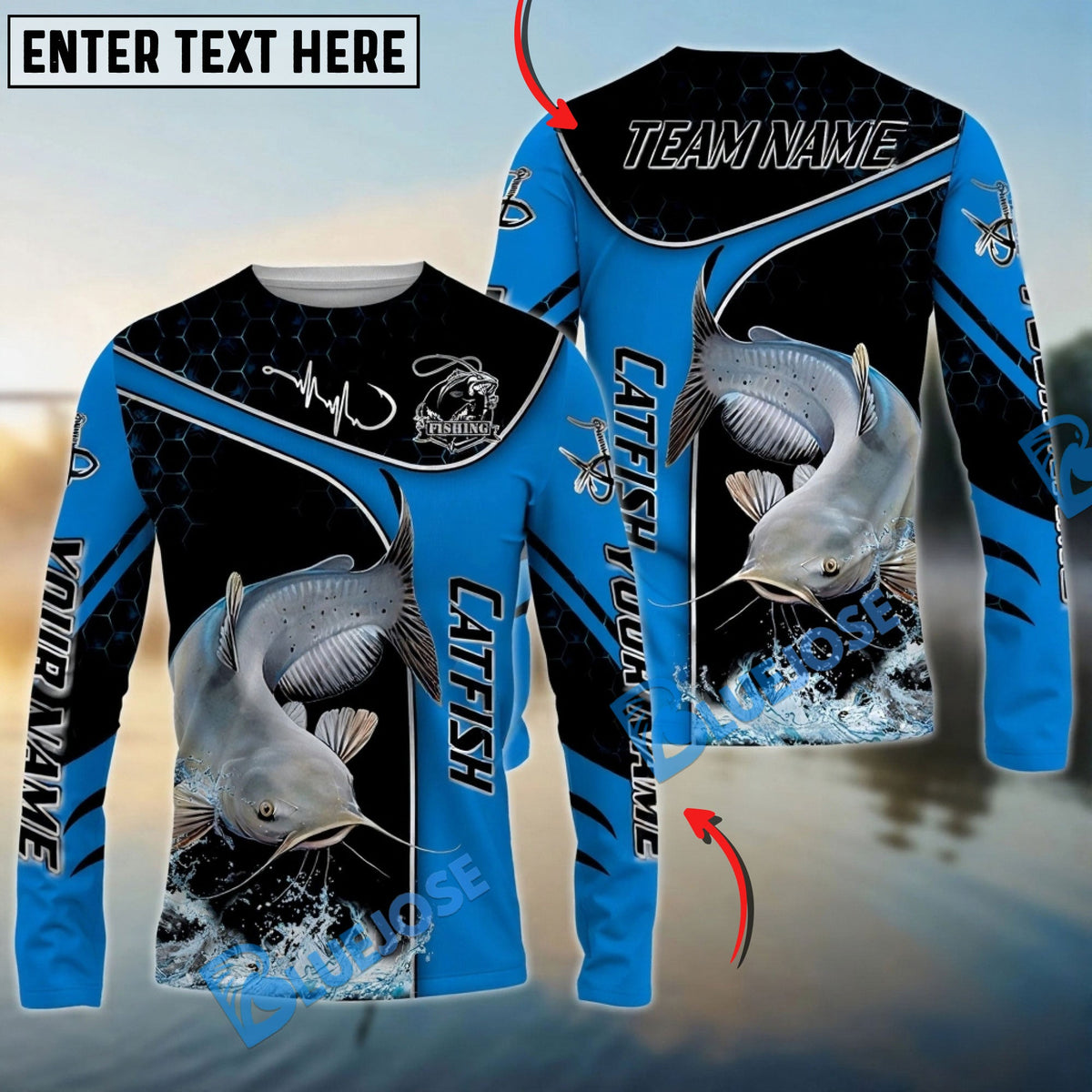 Bluejose Catfish Fishing Blue Dynamic Water Splash Custom Name &amp; Team Name 3D Shirts