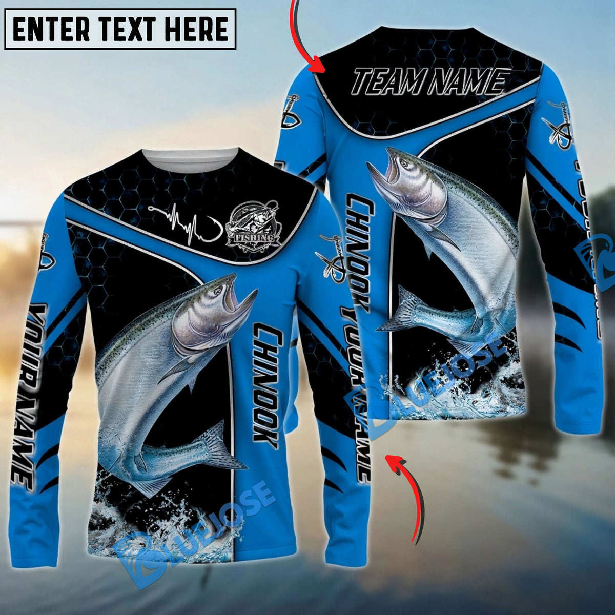 Bluejose Chinook Fishing Blue Dynamic Water Splash Custom Name &amp; Team Name 3D Shirts