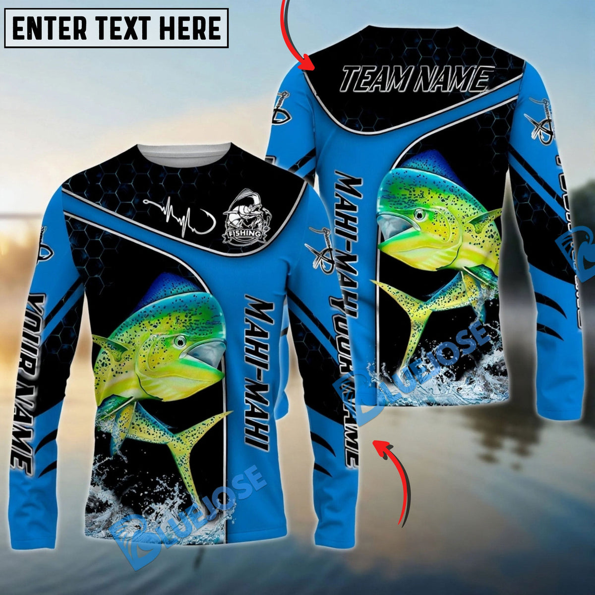 Bluejose Mahi-Mahi Fishing Blue Dynamic Water Splash Custom Name &amp; Team Name 3D Shirts