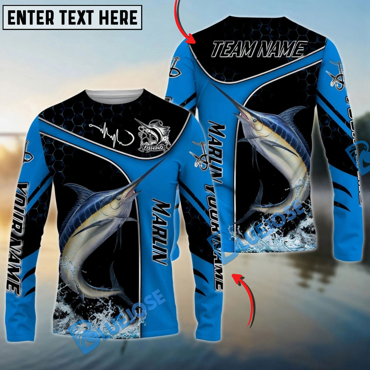 Bluejose Marlin Fishing Blue Dynamic Water Splash Custom Name &amp; Team Name 3D Shirts