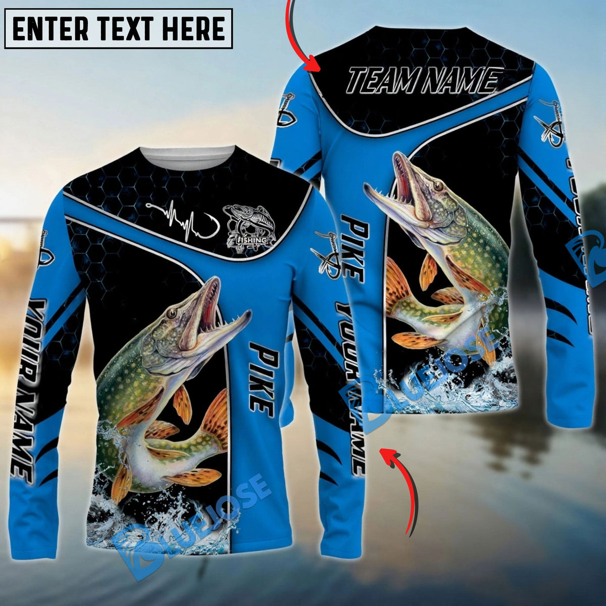 Bluejose Pike Fishing Blue Dynamic Water Splash Custom Name &amp; Team Name 3D Shirts