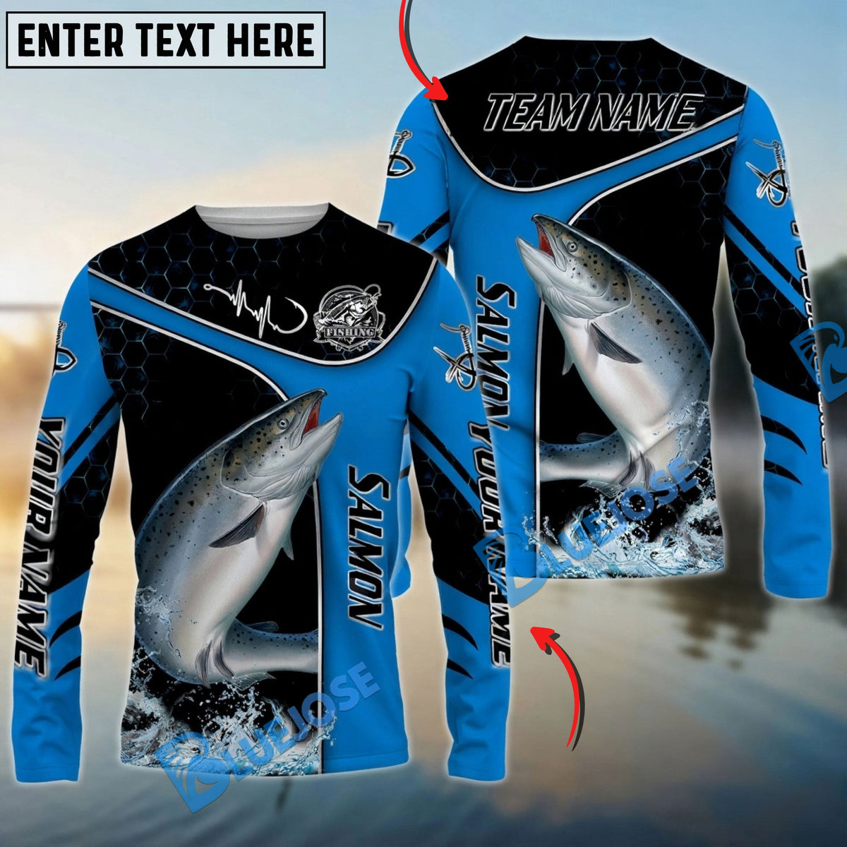 Bluejose Salmon Fishing Blue Dynamic Water Splash Custom Name &amp; Team Name 3D Shirts