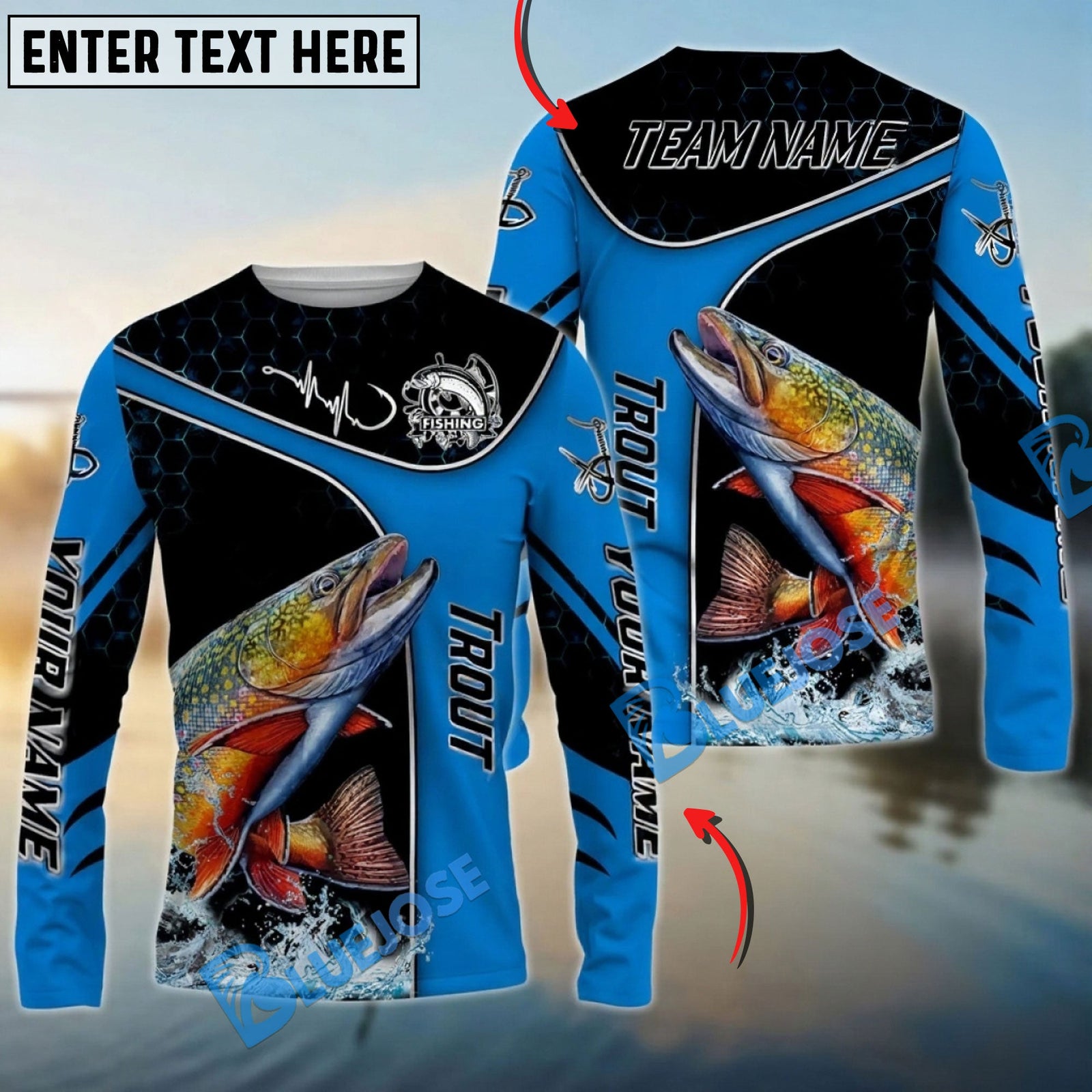 Bluejose Trout Fishing Blue Dynamic Water Splash Custom Name & Team Name 3D Shirts