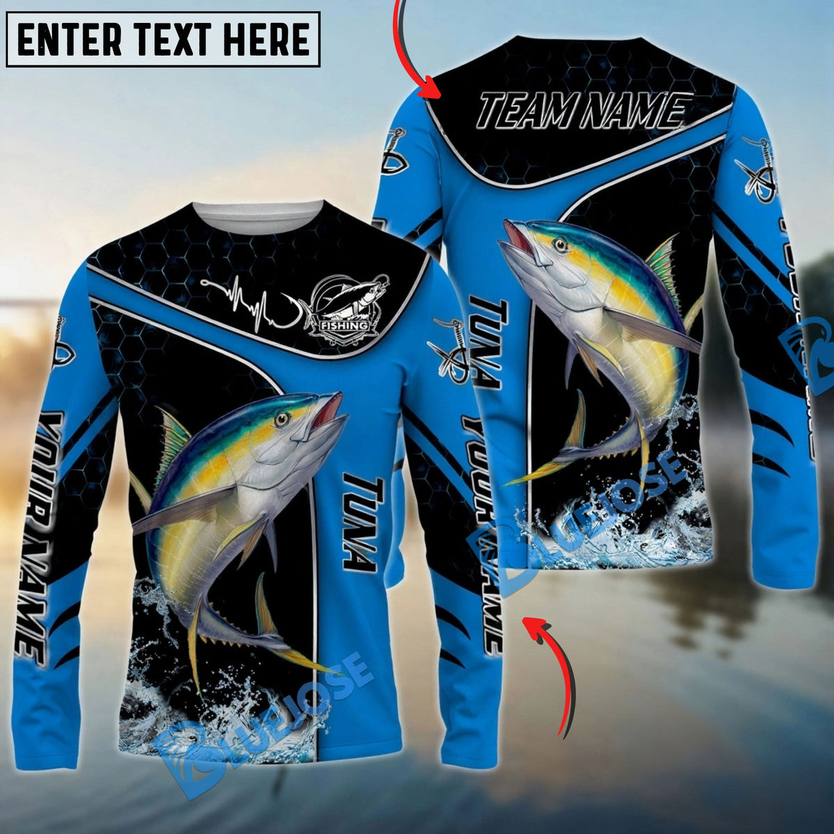 Bluejose Tuna Fishing Blue Dynamic Water Splash Custom Name &amp; Team Name 3D Shirts