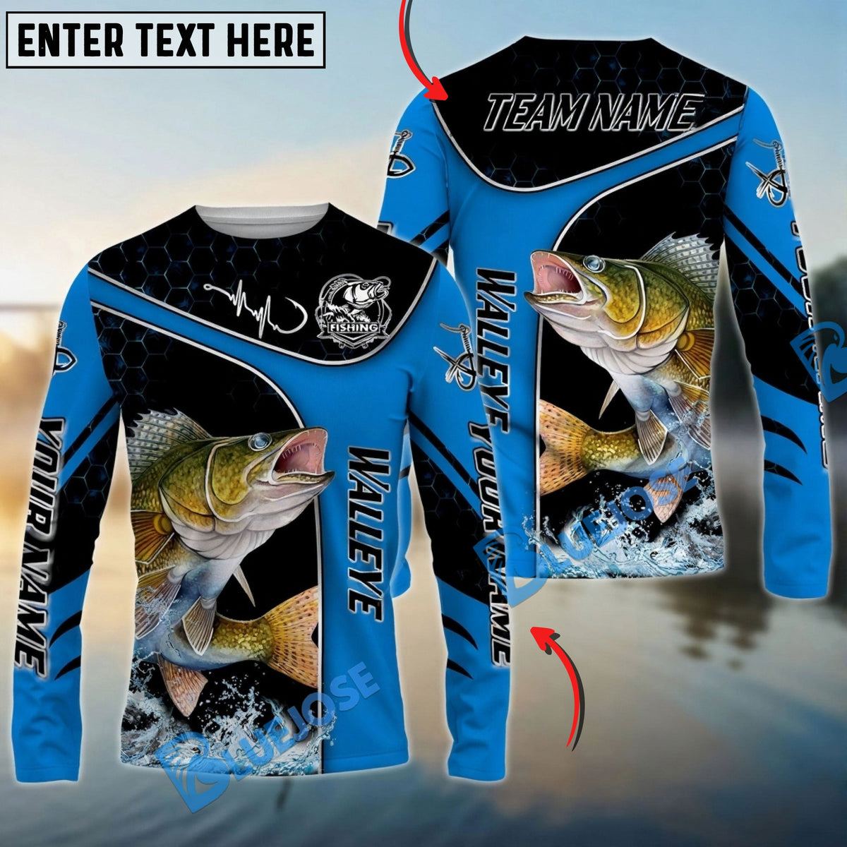 Bluejose Walleye Fishing Blue Dynamic Water Splash Custom Name &amp; Team Name 3D Shirts
