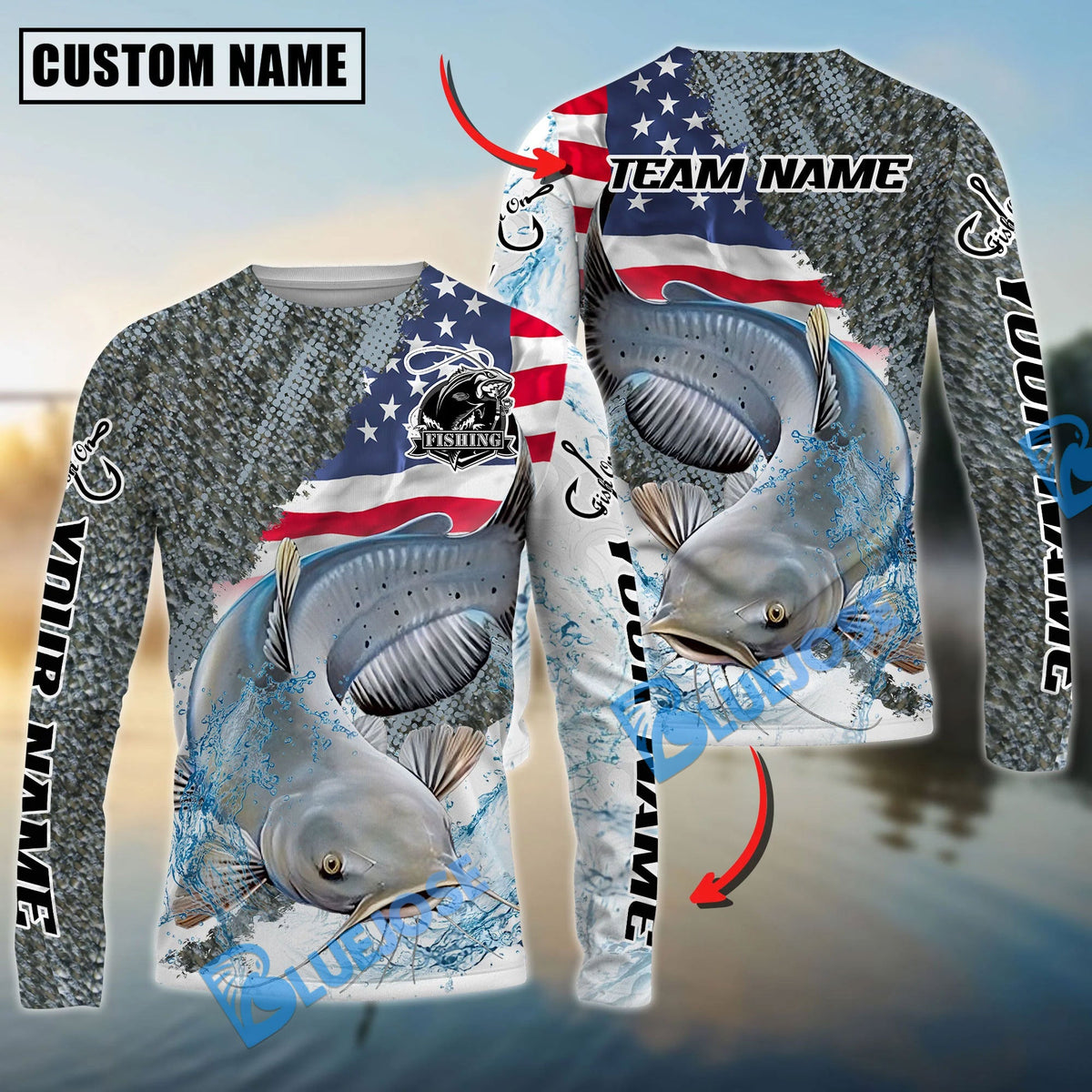 Bluejose Catfish Fishing Skin Patriotic Water Splash Custom Name &amp; Team Name 3D Shirts