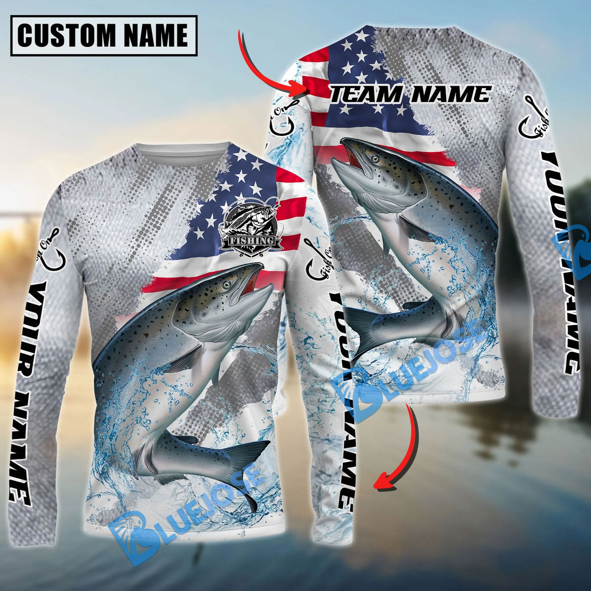Bluejose Chinook Salmon Fishing Skin Patriotic Water Splash Custom Name &amp; Team Name 3D Shirts