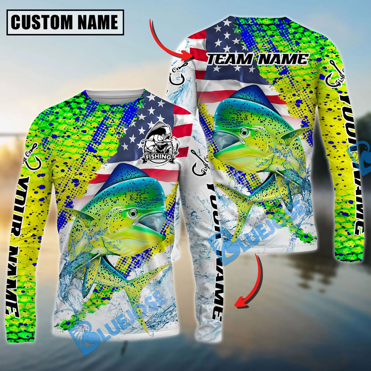 Bluejose Mahi-Mahi Fishing Skin Patriotic Water Splash Custom Name &amp; Team Name 3D Shirts