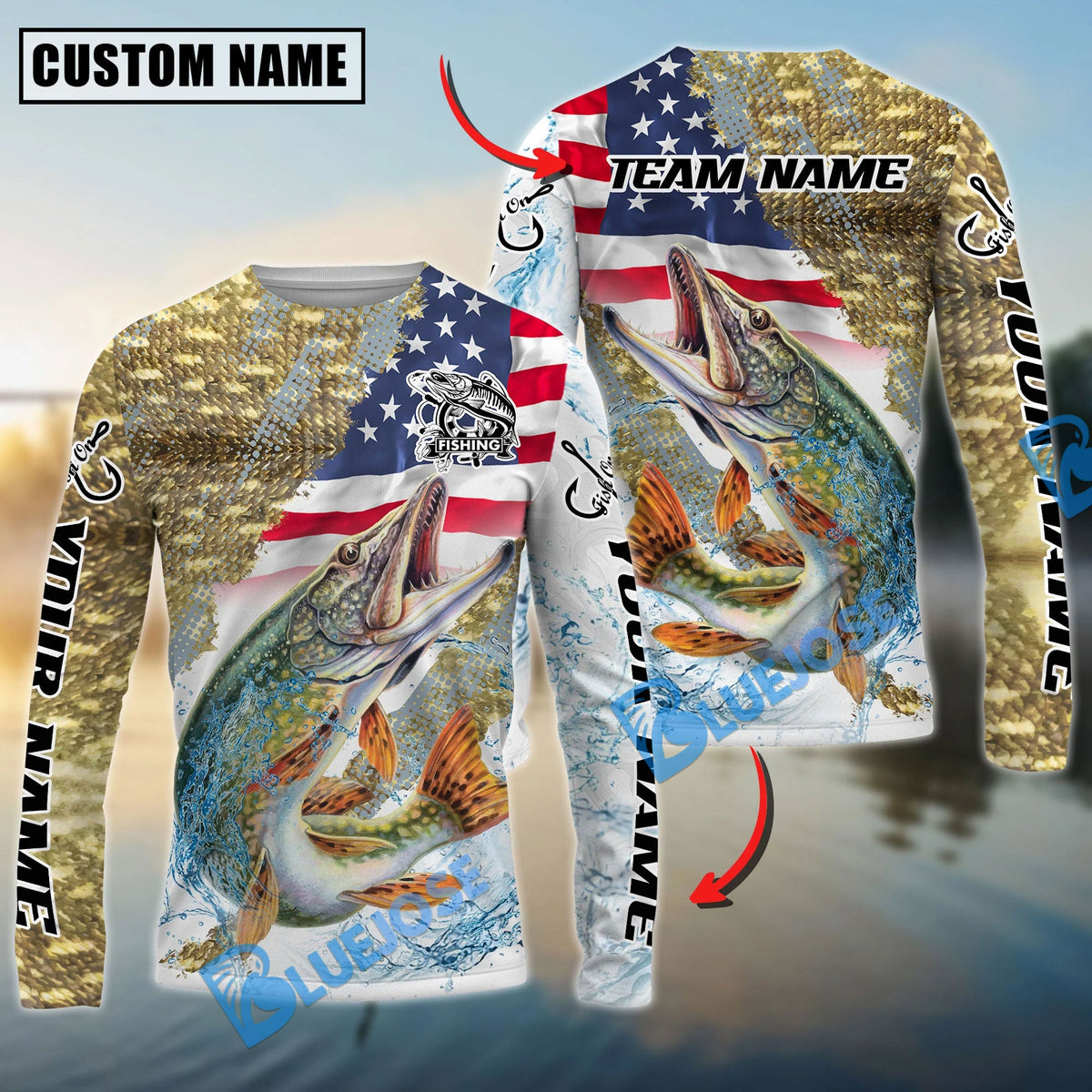 Bluejose Pike Fishing Skin Patriotic Water Splash Custom Name &amp; Team Name 3D Shirts