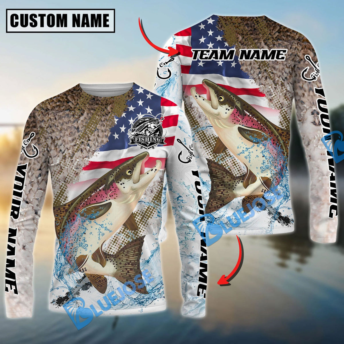 Bluejose Salmon Fishing Skin Patriotic Water Splash Custom Name &amp; Team Name 3D Shirts