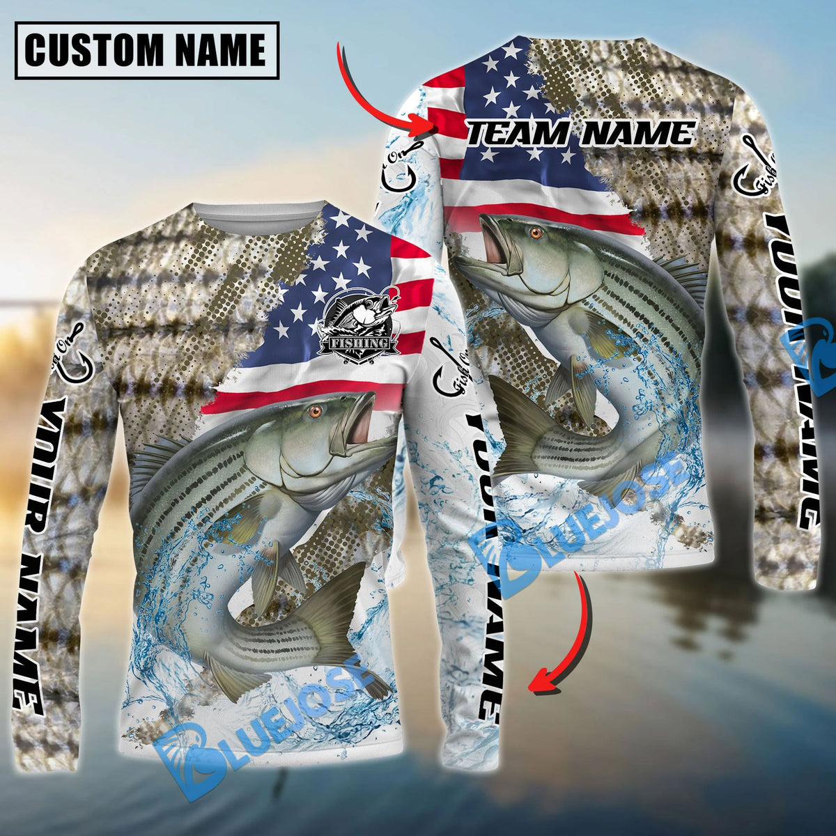 Bluejose Striped Bass Fishing Skin Patriotic Water Splash Custom Name &amp; Team Name 3D Shirts