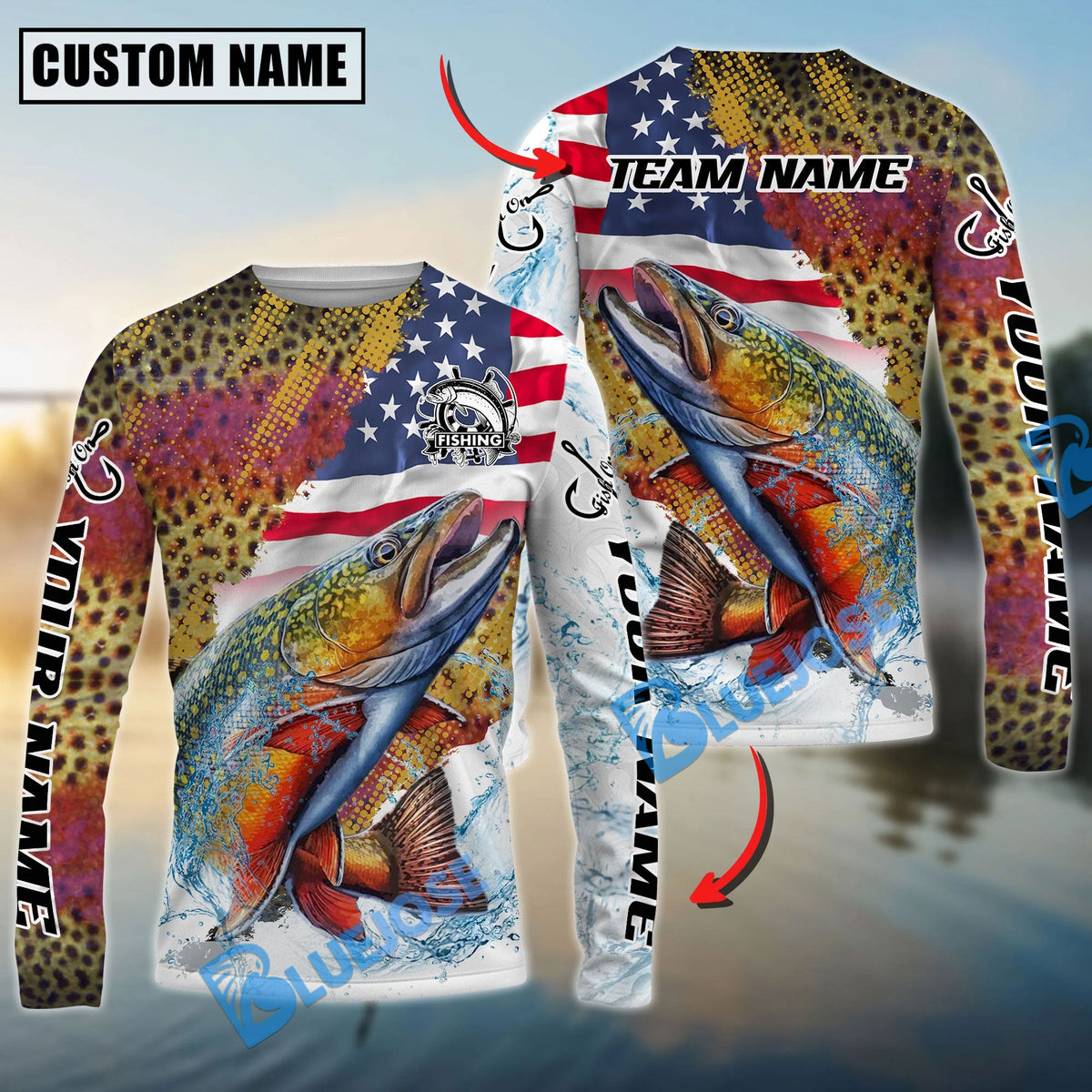 Bluejose Trout Fishing Skin Patriotic Water Splash Custom Name &amp; Team Name 3D Shirts