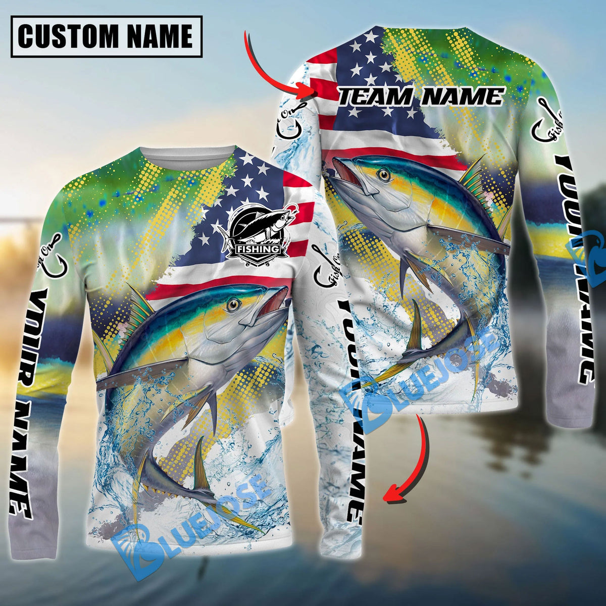 Bluejose Tuna Fishing Skin Patriotic Water Splash Custom Name &amp; Team Name 3D Shirts