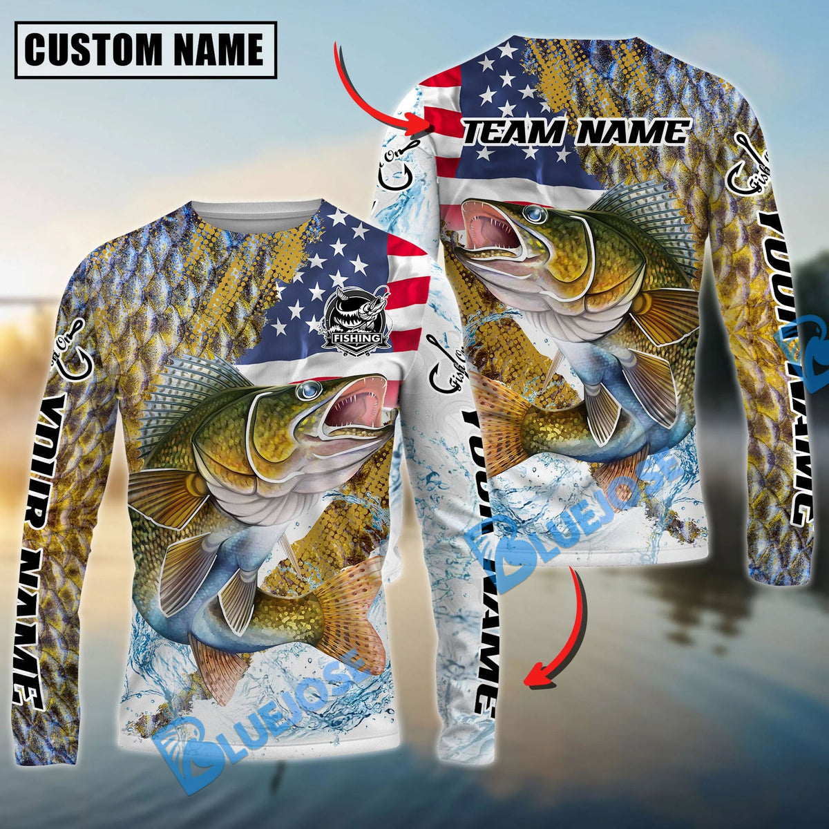 Bluejose Walleye Fishing Skin Patriotic Water Splash Custom Name &amp; Team Name 3D Shirts