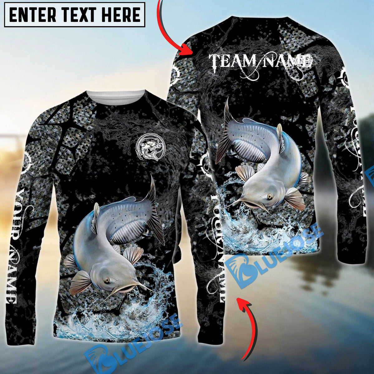 Bluejose Catfish Fishing Dark Water Art Style Custom Name &amp; Team Name 3D Shirts