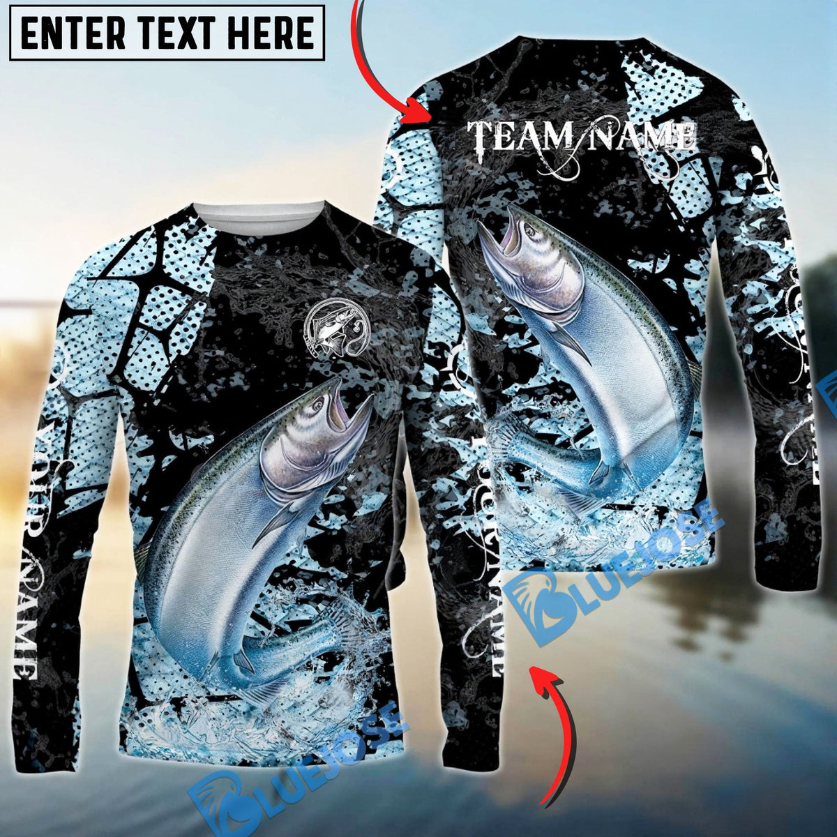 Bluejose Chinook Salmon Fishing Dark Water Art Style Custom Name &amp; Team Name 3D Shirts