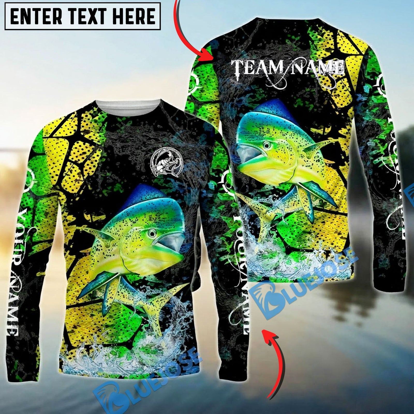 Bluejose Mahi-Mahi Fishing Dark Water Art Style Custom Name & Team Name 3D Shirts