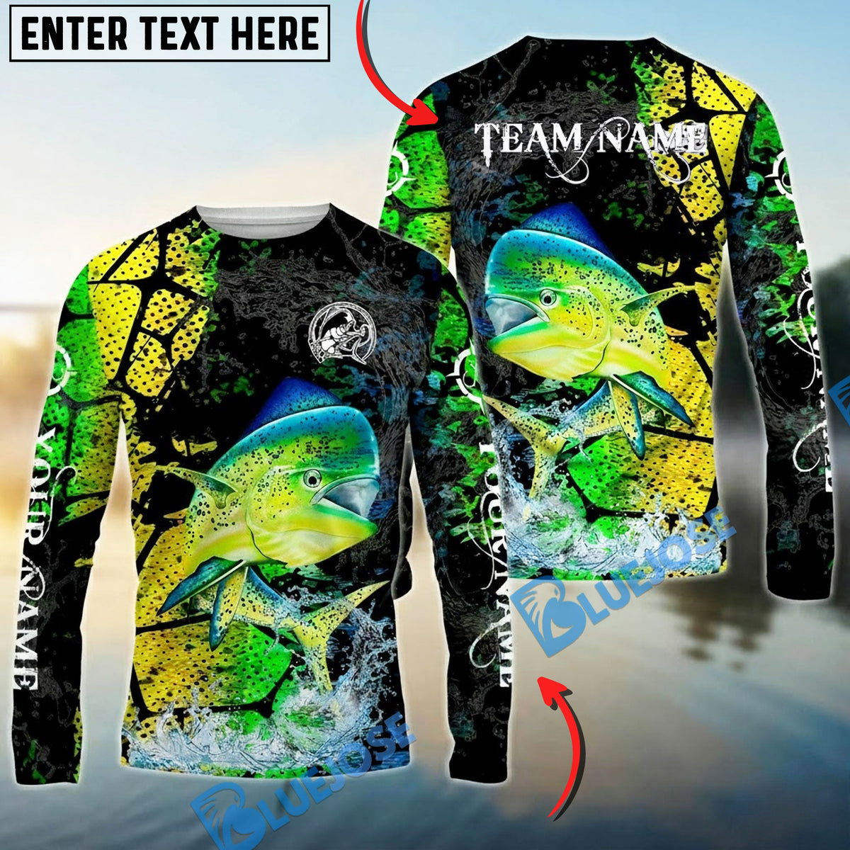 Bluejose Mahi-Mahi Fishing Dark Water Art Style Custom Name &amp; Team Name 3D Shirts