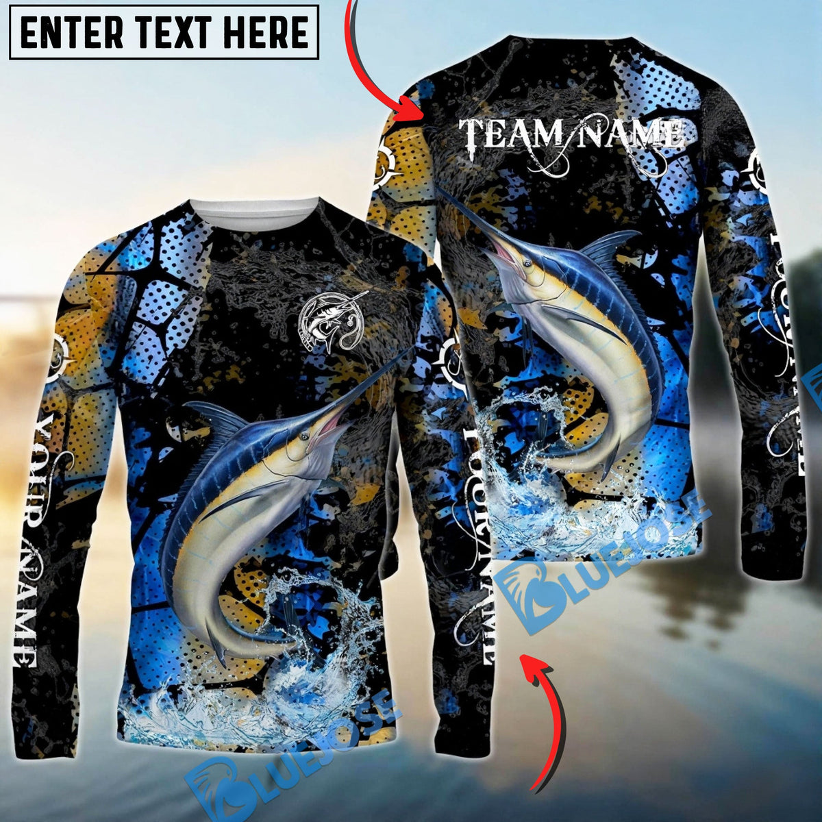 Bluejose Marlin Fishing Dark Water Art Style Custom Name &amp; Team Name 3D Shirts