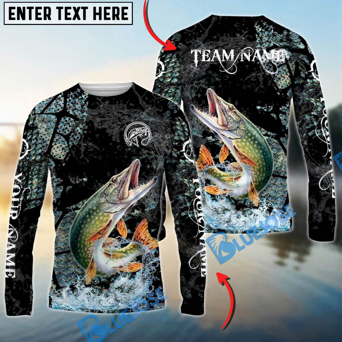 Bluejose Pike Fishing Dark Water Art Style Custom Name &amp; Team Name 3D Shirts
