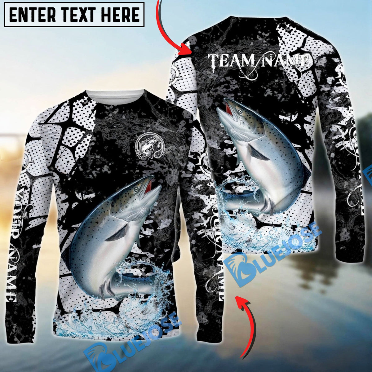 Bluejose Salmon Fishing Dark Water Art Style Custom Name &amp; Team Name 3D Shirts