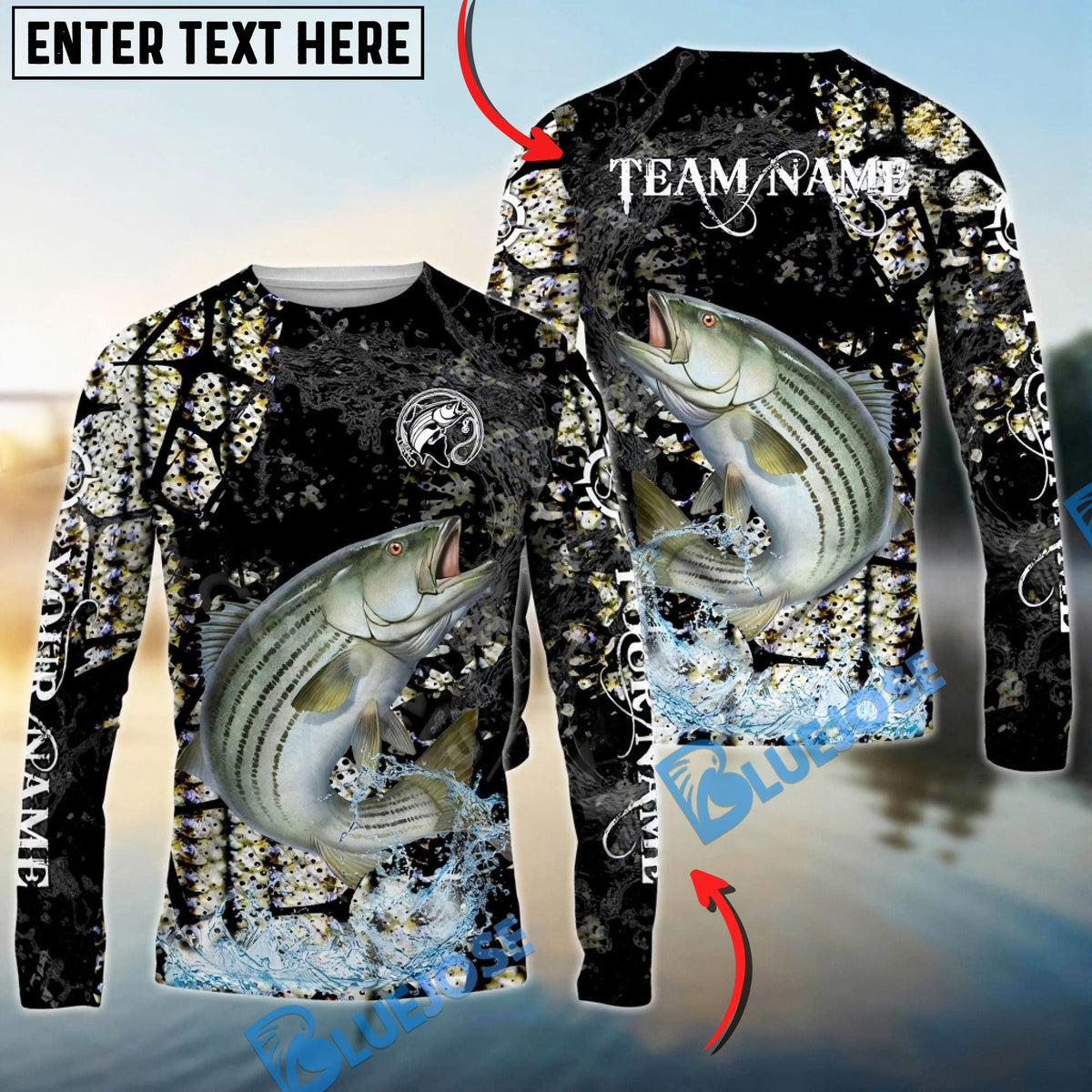 Bluejose Striped Bass Fishing Dark Water Art Style Custom Name &amp; Team Name 3D Shirts