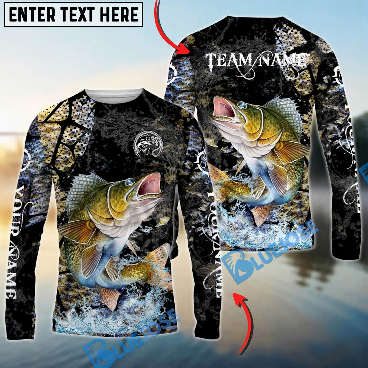 Bluejose Walleye Fishing Dark Water Art Style Custom Name &amp; Team Name 3D Shirts