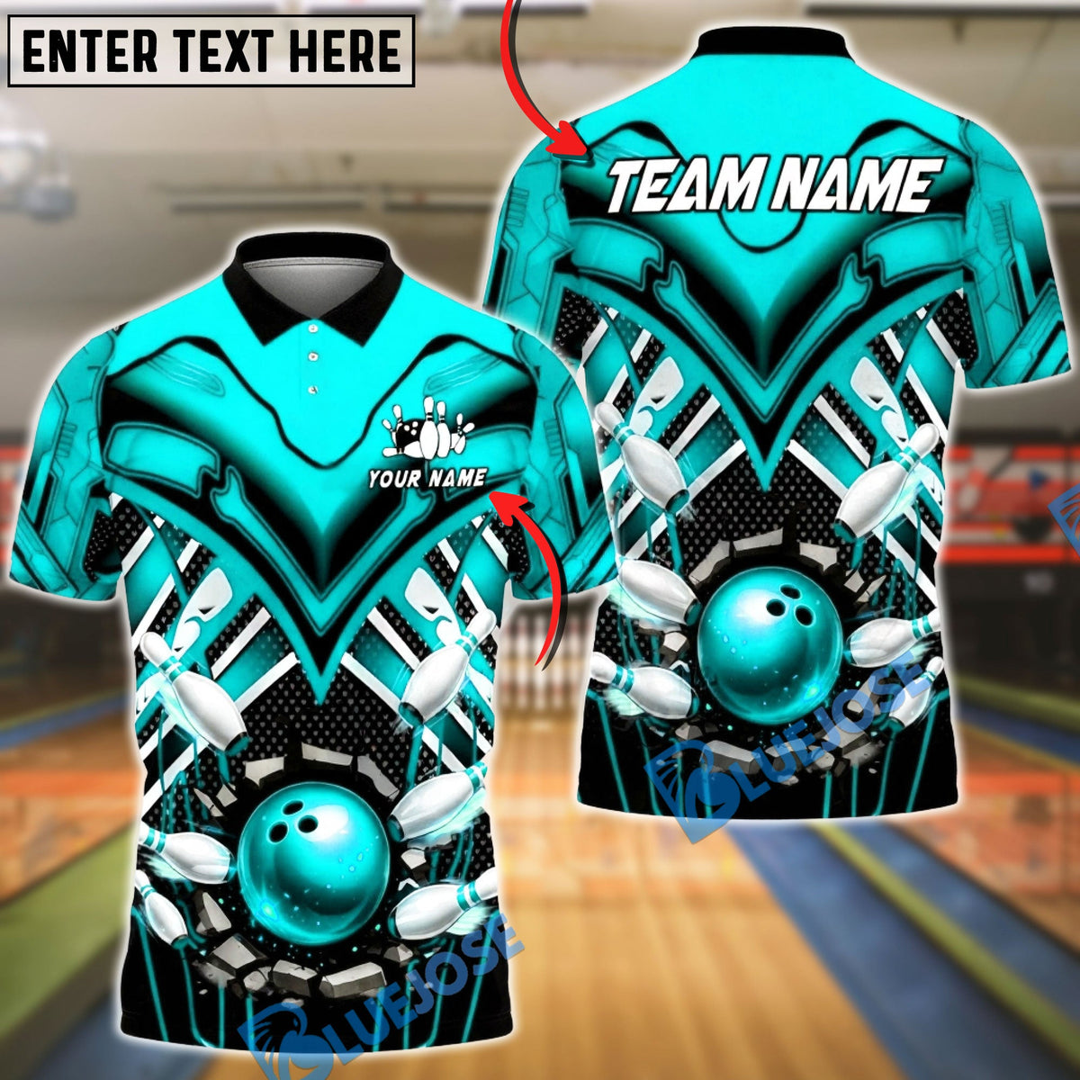 BlueJose Bowling & Pins Tech Armor Strike Explosion Customized Name, Team Name 3D Shirt (4 Colors)