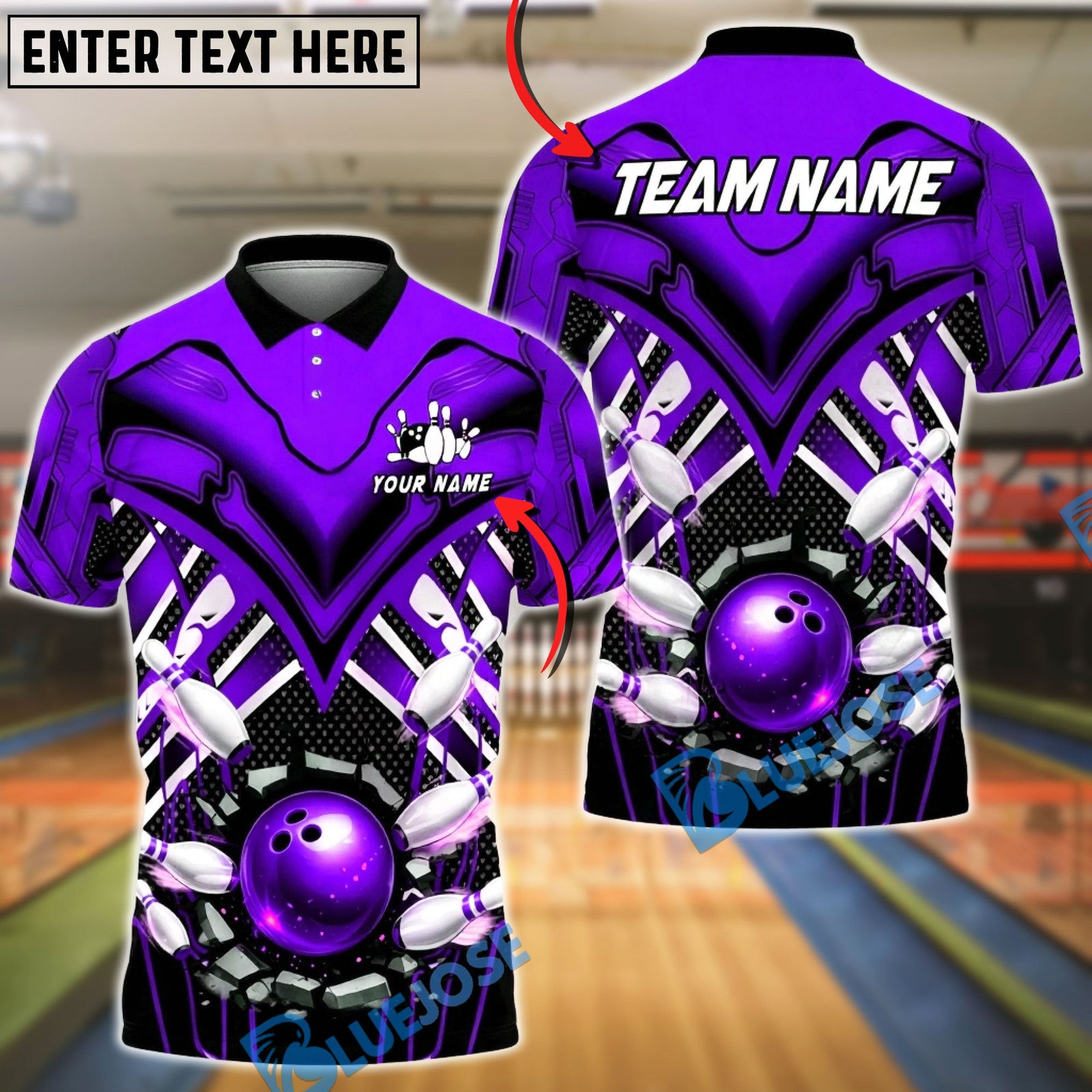 BlueJose Bowling & Pins Tech Armor Strike Explosion Customized Name, Team Name 3D Shirt (4 Colors)