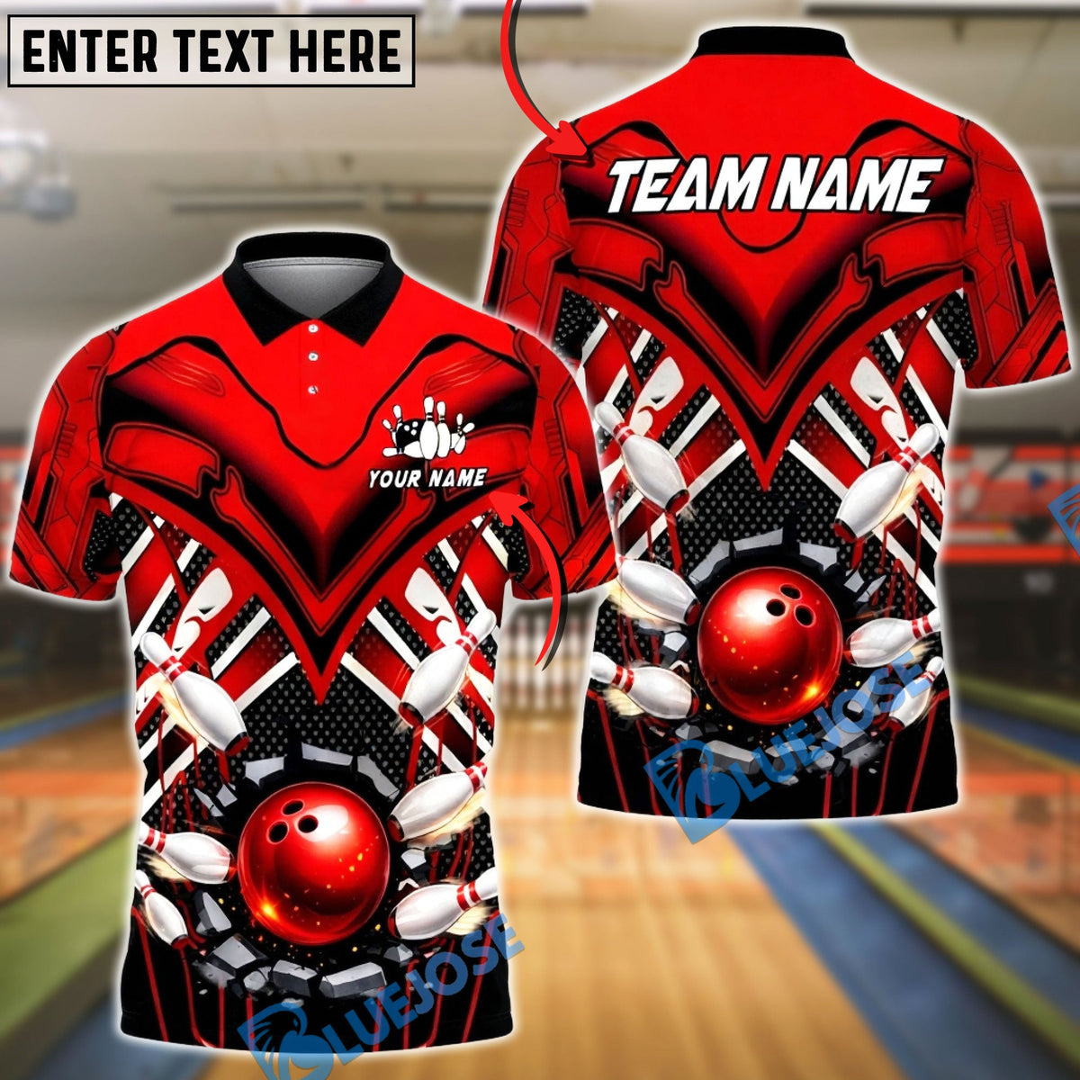 BlueJose Bowling &amp; Pins Tech Armor Strike Explosion Customized Name, Team Name 3D Shirt (4 Colors)