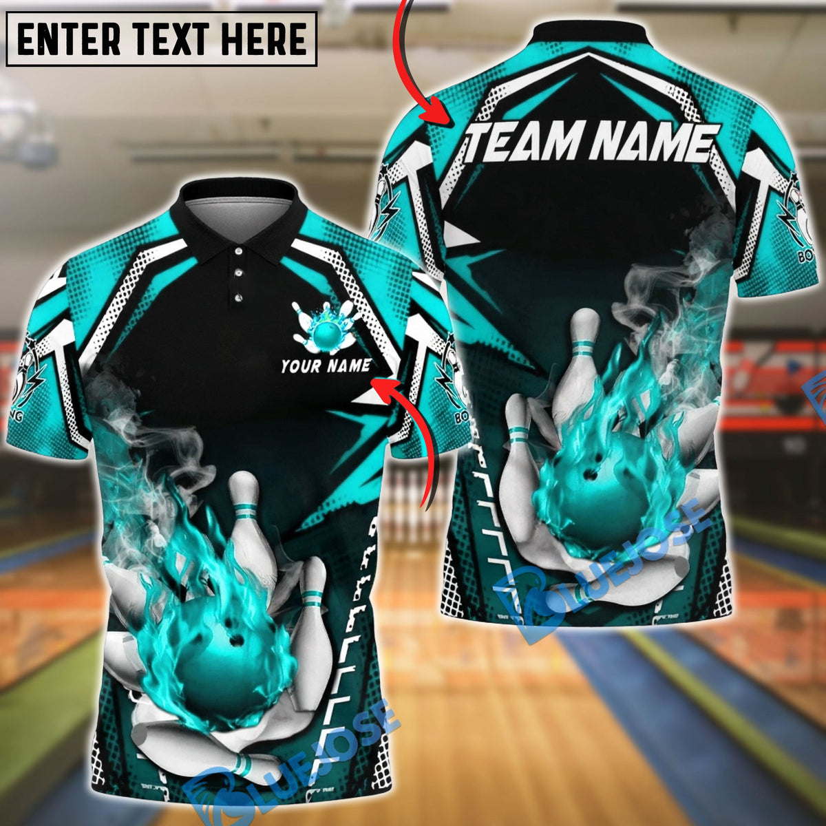 BlueJose Bowling & Pins Fire Bowling Ball Strike Graphic Customized Name, Team Name 3D Shirt (4 Colors)