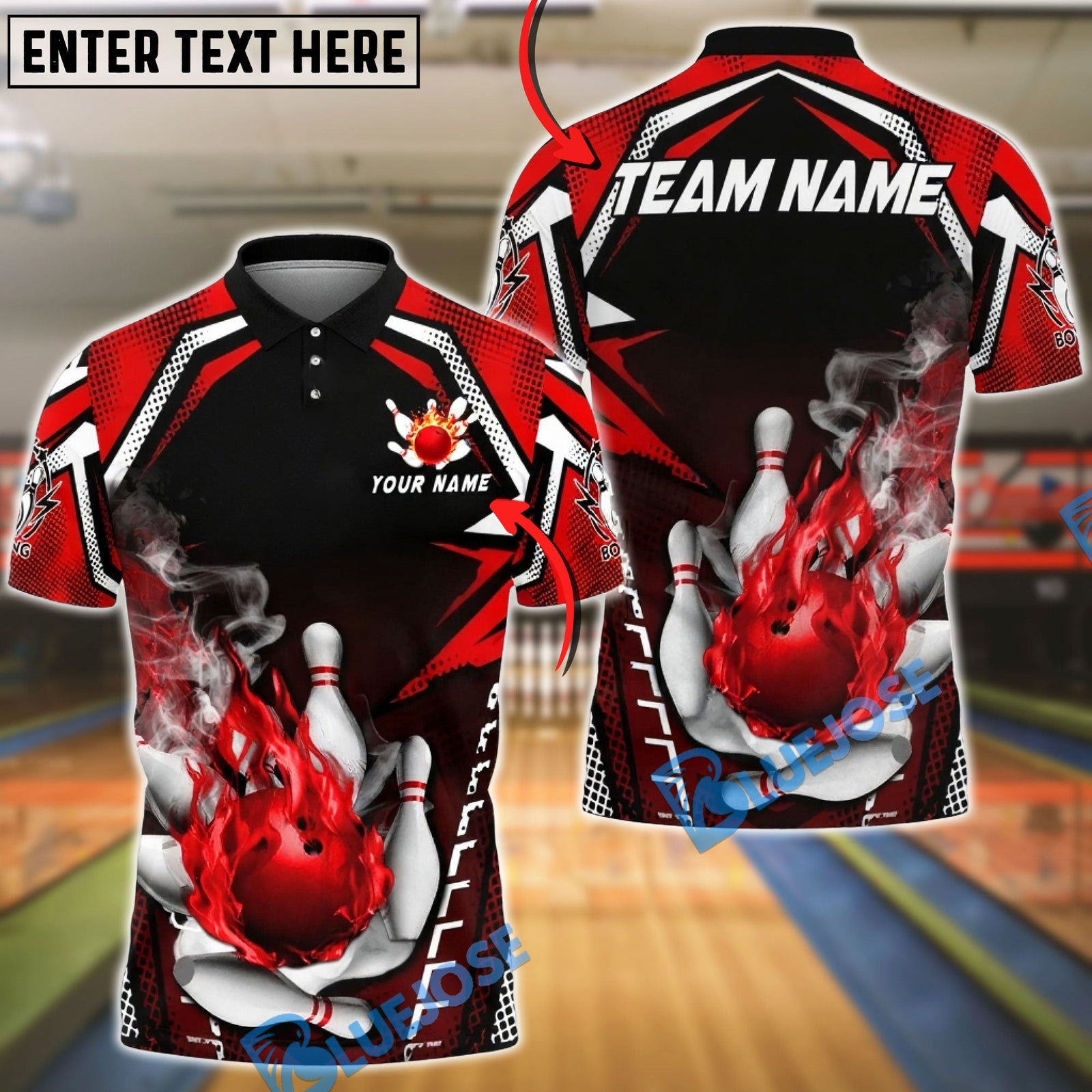 BlueJose Bowling & Pins Fire Bowling Ball Strike Graphic Customized Name, Team Name 3D Shirt (4 Colors)
