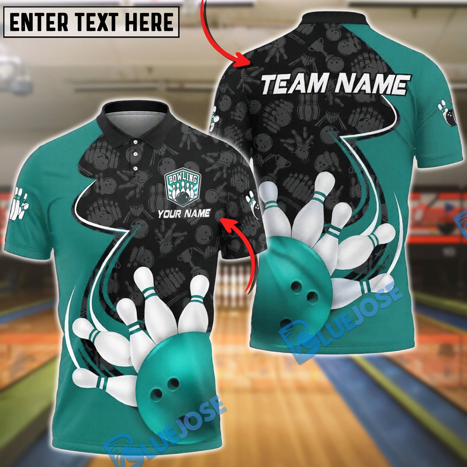 BlueJose Bowling & Pins Ball Strike Curved Graphic Pattern Customized Name, Team Name 3D Shirt (4 Colors)