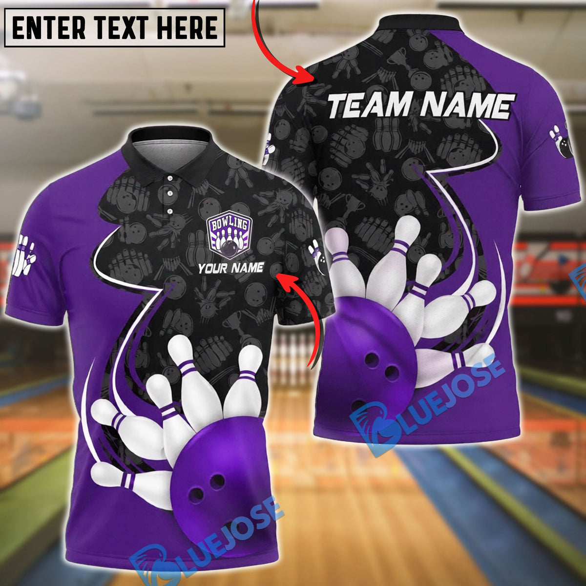 BlueJose Bowling & Pins Ball Strike Curved Graphic Pattern Customized Name, Team Name 3D Shirt (4 Colors)