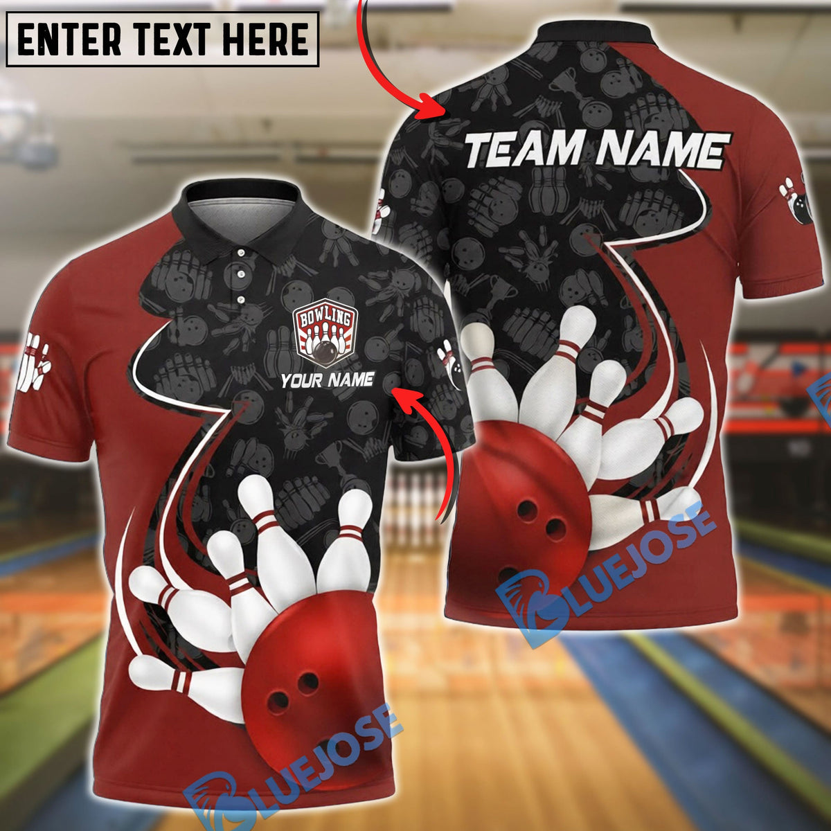 BlueJose Bowling &amp; Pins Ball Strike Curved Graphic Pattern Customized Name, Team Name 3D Shirt (4 Colors)