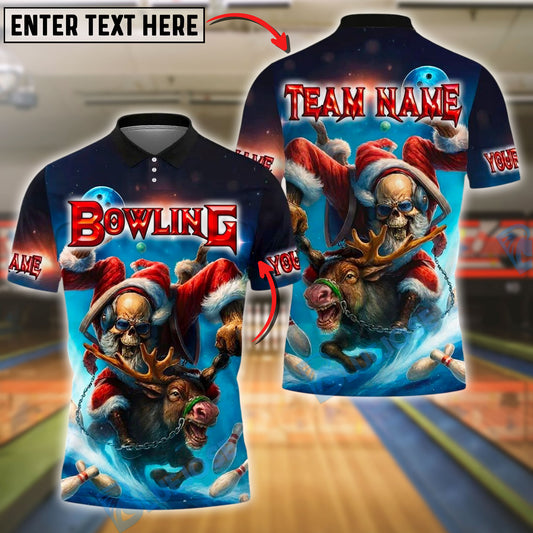 BlueJose Bowling And Pins Santa Skull Reindeer Ride Customized Name, Team Name 3D Shirt (4 Colors)