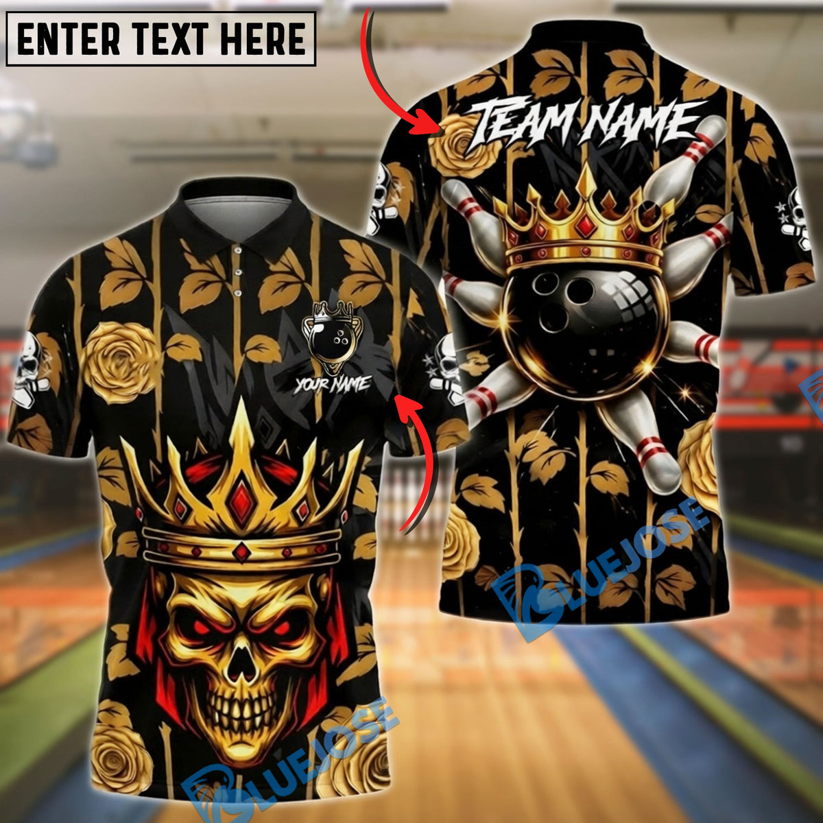 BlueJose Bowling &amp; Pins King Skull Golden Rose Floral Customized Name, Team Name 3D Shirt (6 Colors)