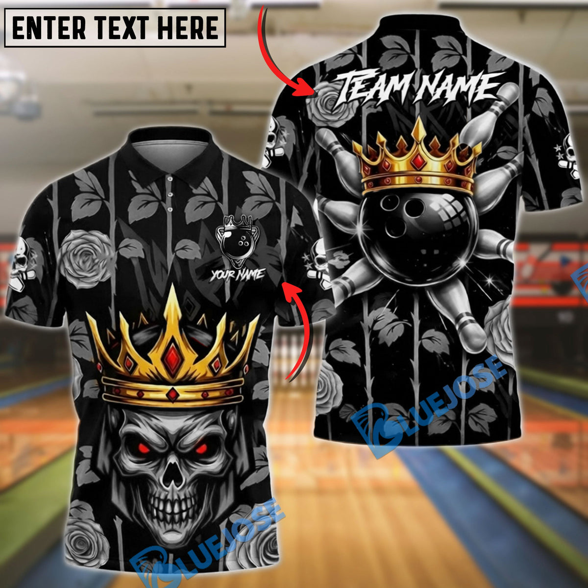 BlueJose Bowling & Pins King Skull Golden Rose Floral Customized Name, Team Name 3D Shirt (6 Colors)